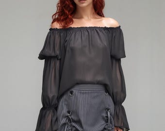 Blusa renacentista con hombros descubiertos, camisa pirata de gasa de satén negra