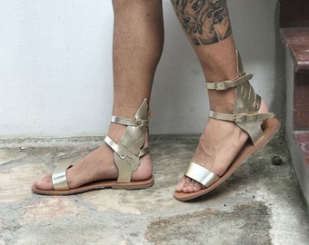 gold gladiator sandals for men with wings ankle length, summer boots, Greek Roman theatrical festival party sandals Cosplay