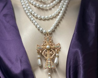 Pearl cross necklace Multistrand pearl necklace, Baroque cross necklace, layered pearl necklace, Baroque jewellery, Rococo necklace