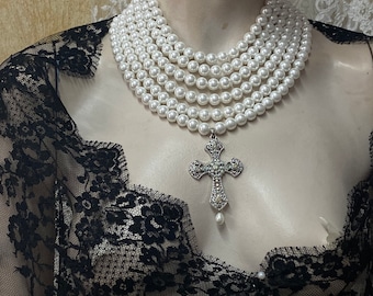 Custom Multi strand pearl necklace, pearl necklace, multilayered bridal pearl necklace with cross