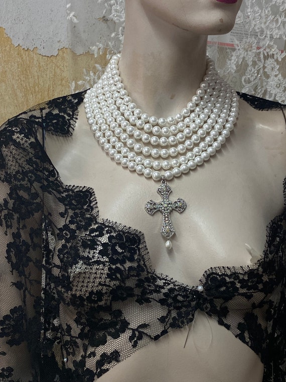 Multi Strand Pearl Necklace, Pearl Necklace With Cross