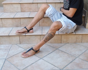 mens leather T Bar T Strap sandals dress sandals genuine leather black brown natural tan vegetable tanned leather