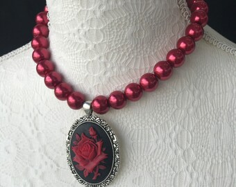 cameo necklace, cameo choker, cameo choker necklace, cameo rose necklace, red Gothic rose, rose necklace, flower necklace, red glass pearls