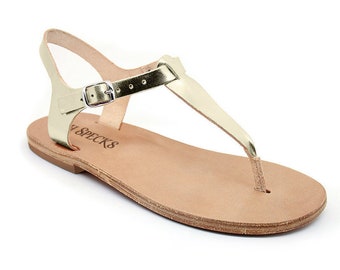 women&#39;s T bar  T strap sandals leather sandals, genuine leather, metallic leather, Greek Roman barefoot