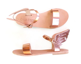 Women’s strap sandals with wings Greek mythology sandals flat wedding sandals rosegold flat sandals angel wing sandals metallic leather