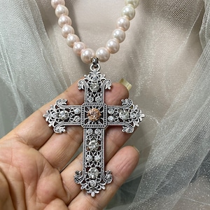 Renaissance cross necklace Baroque Cross pendant necklace with pearl chain ombré  pearl necklace bridal cross necklace