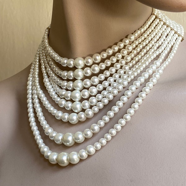 Multi layer pearl choker necklace, multi strand pearl necklace, bridal pearl choke necklace, pearl collar bib statement necklace