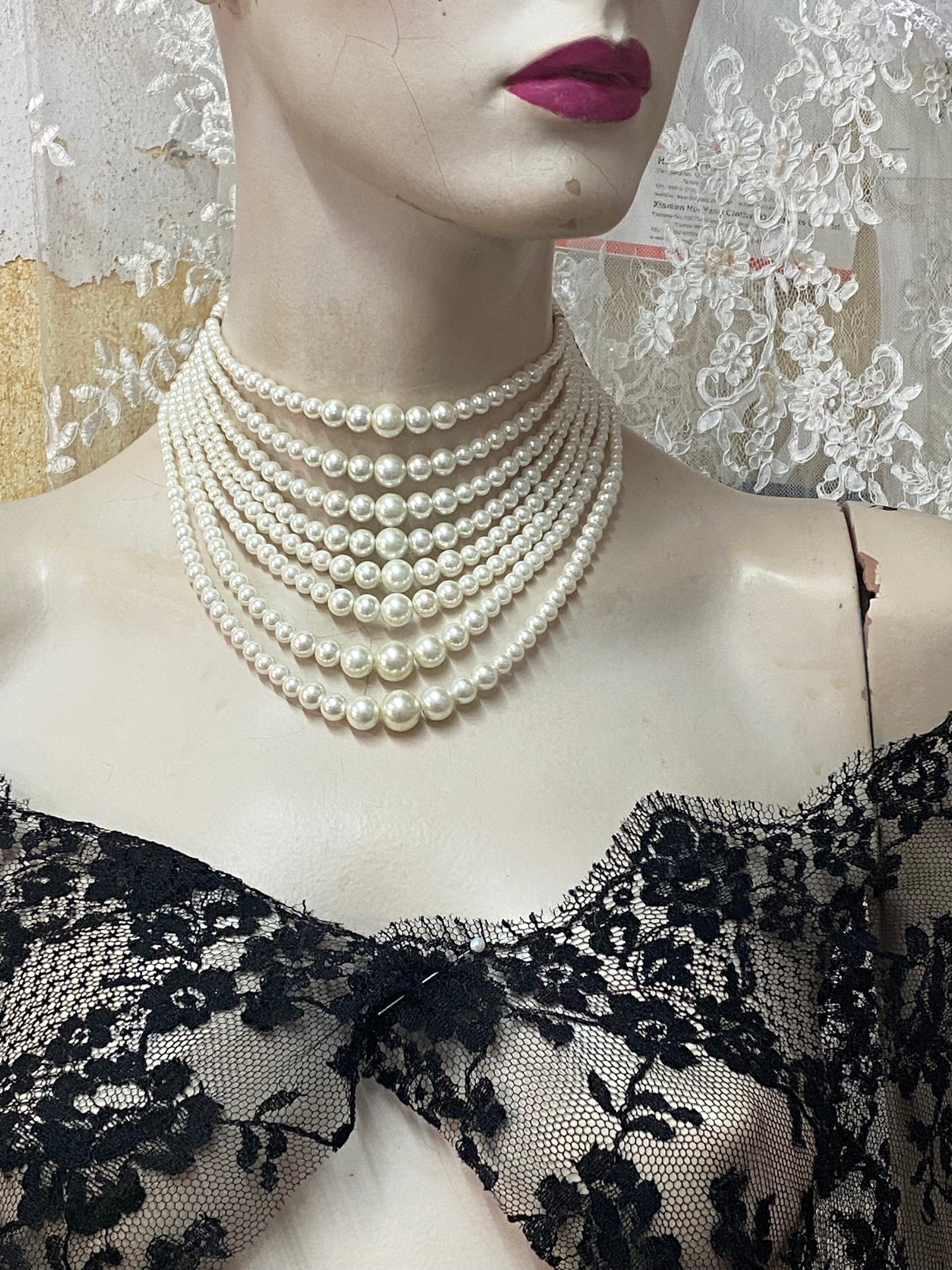Collana Di Perle Da Donna, Lunga Catena Imitazione Perline Multistrato