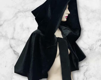 Black Velvet Hooded Cape, Witch Costume Capelette