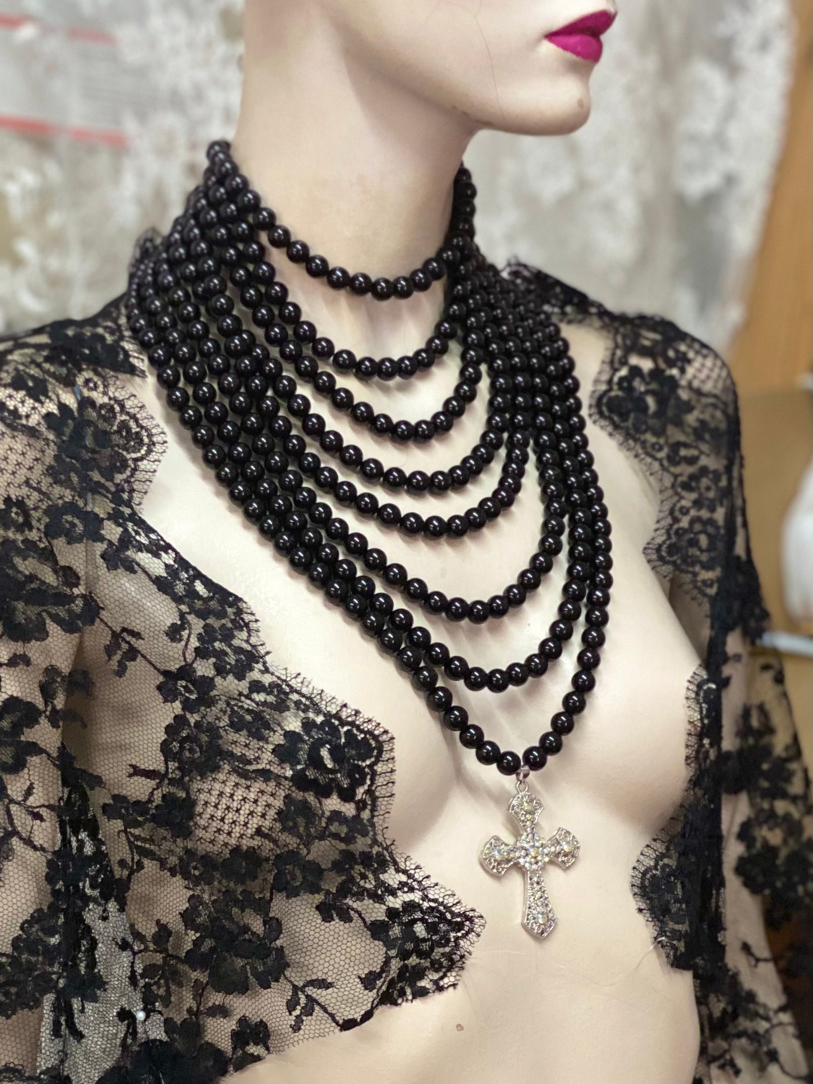 【BLACKPURPLE】★Marilyn Crystal Layering Pearl Necklac.e Multi Layer Black Pearl Necklace With Cross, Goth Wedding