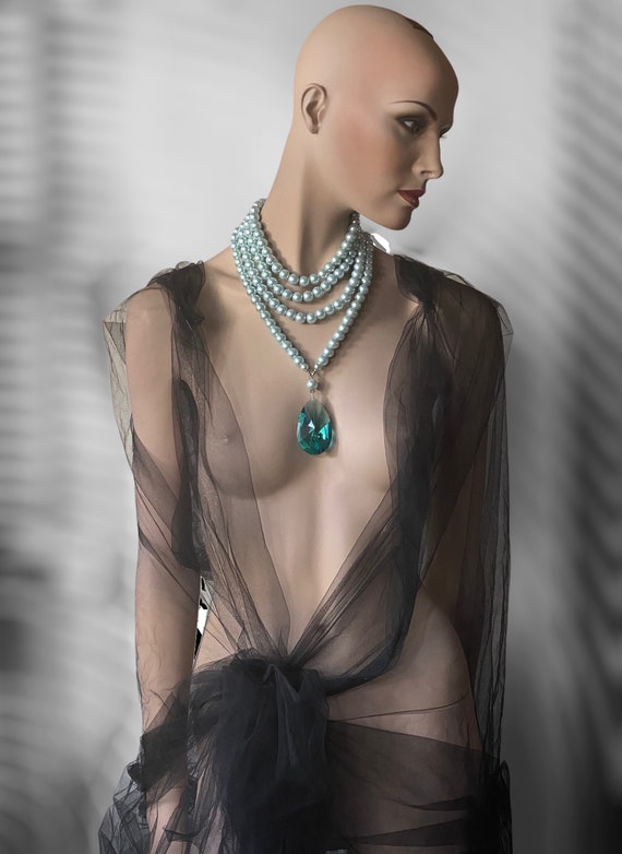 Multistrand Pearl Necklace, Blue Pearls With Blue Faceted