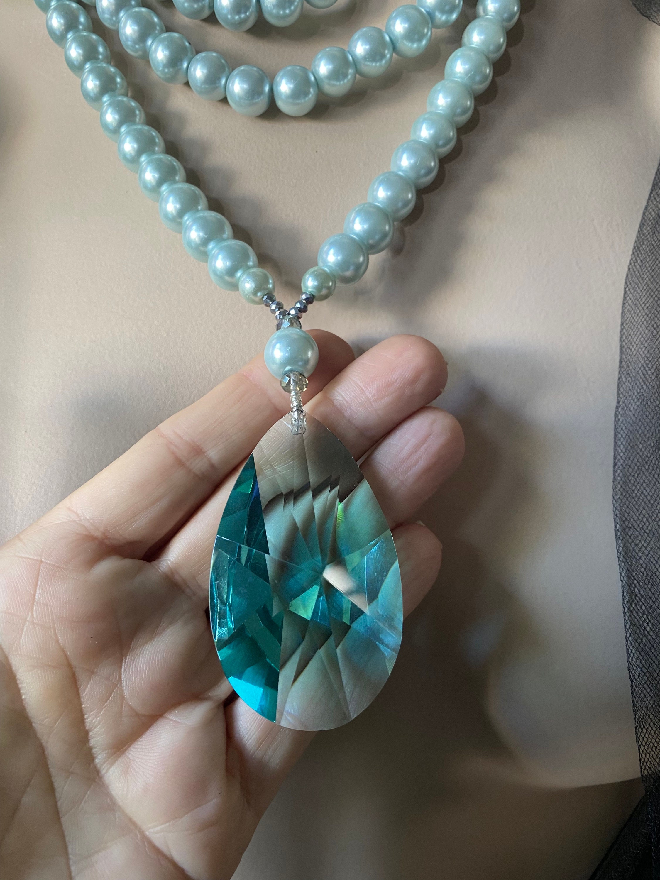 Multistrand Pearl Necklace, Blue Pearls With Blue Faceted