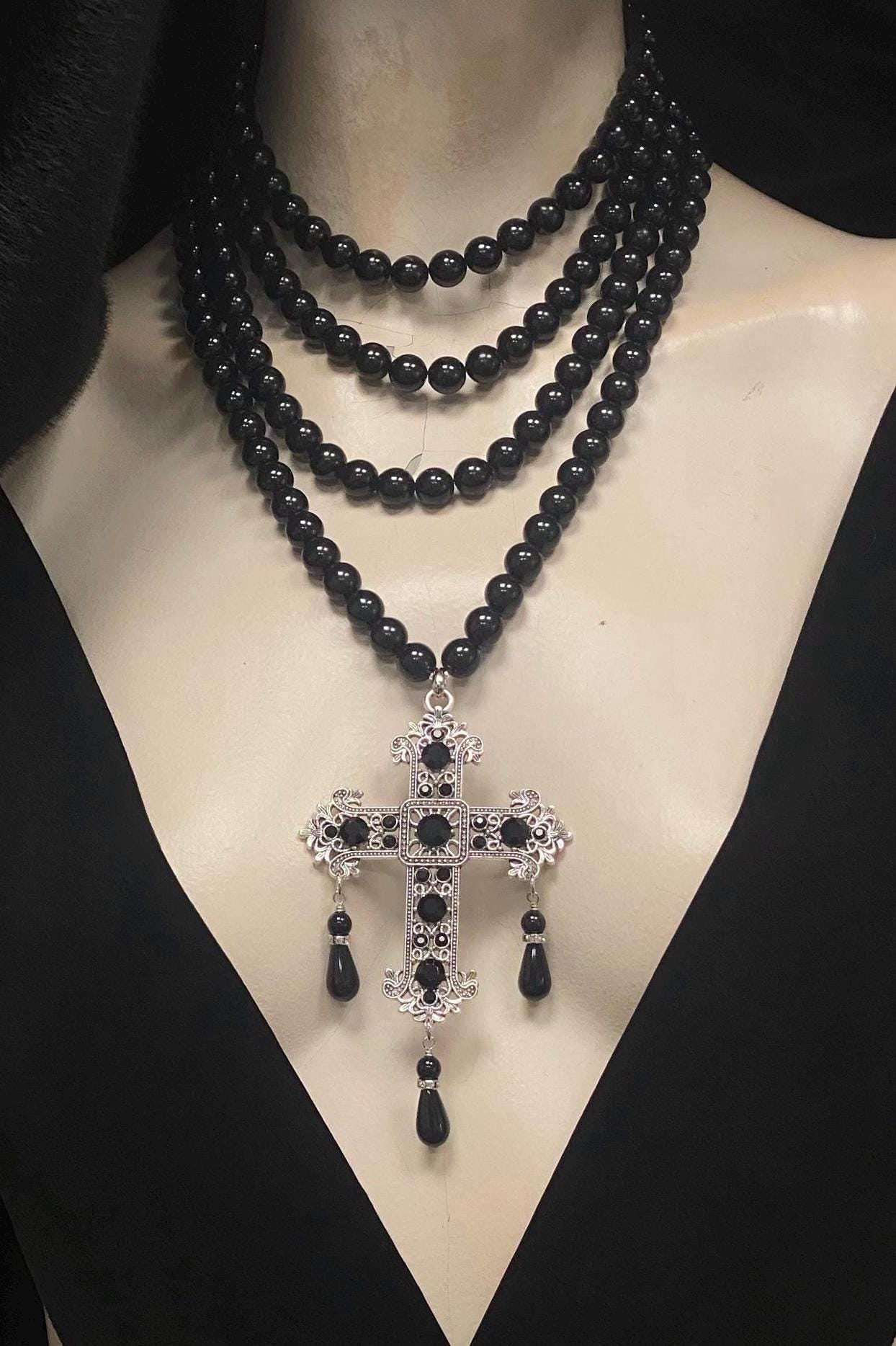 Multi Layer Black Pearl Necklace With Gothic Renaissance Cross