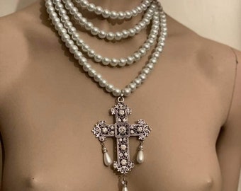 Pearl cross necklace, bridal pearl necklace, Multistrand pearl necklace, Baroque cross necklace, Renaissance cross necklace, Rococo necklace