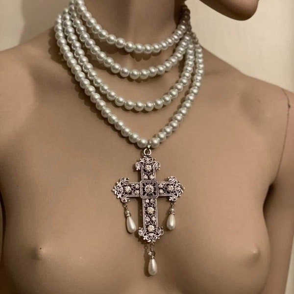 Pearl cross necklace, bridal pearl necklace, Multistrand pearl necklace, Baroque cross necklace, Renaissance cross necklace, Rococo necklace