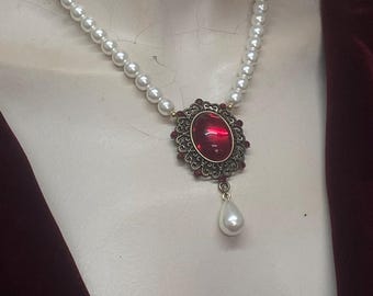 Handmade Renaissance Pearl Necklace • Ruby Cabochon, Historical Jewelry