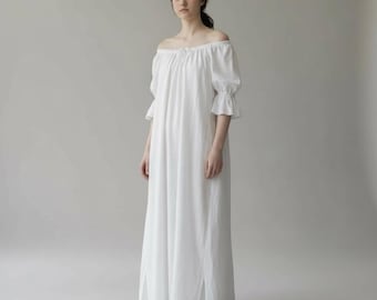 Viktorianisches Chemisekleid schulterfrei | Renaissance Bauerngewand | Cottagecore Nachthemd | weich aufgerauhte Baumwolle | Von Hand genähtes Damenkostüm