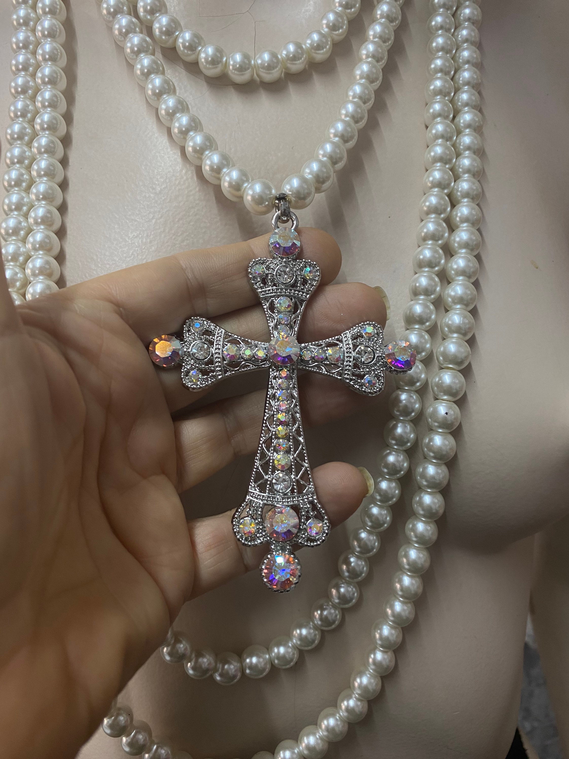 Multistrand Pearl Necklace, Baroque Cross Necklace, Layered