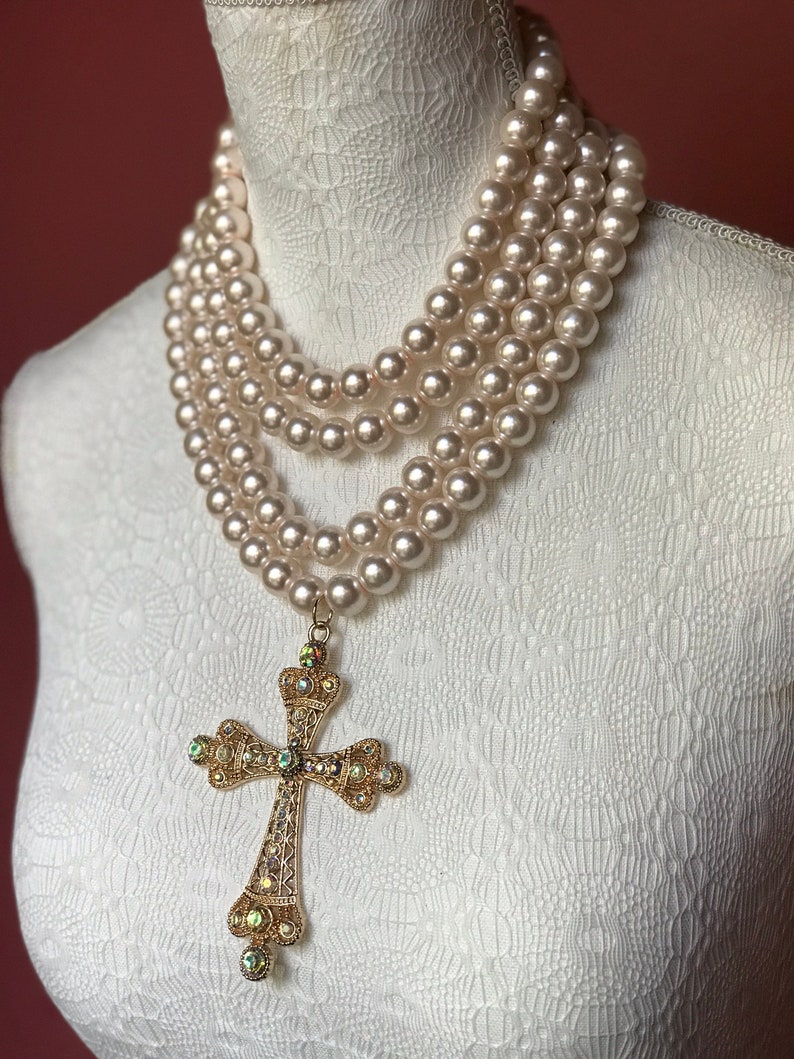 Multistrand Pearl Necklace Baroque Cross Necklace Layered - Etsy