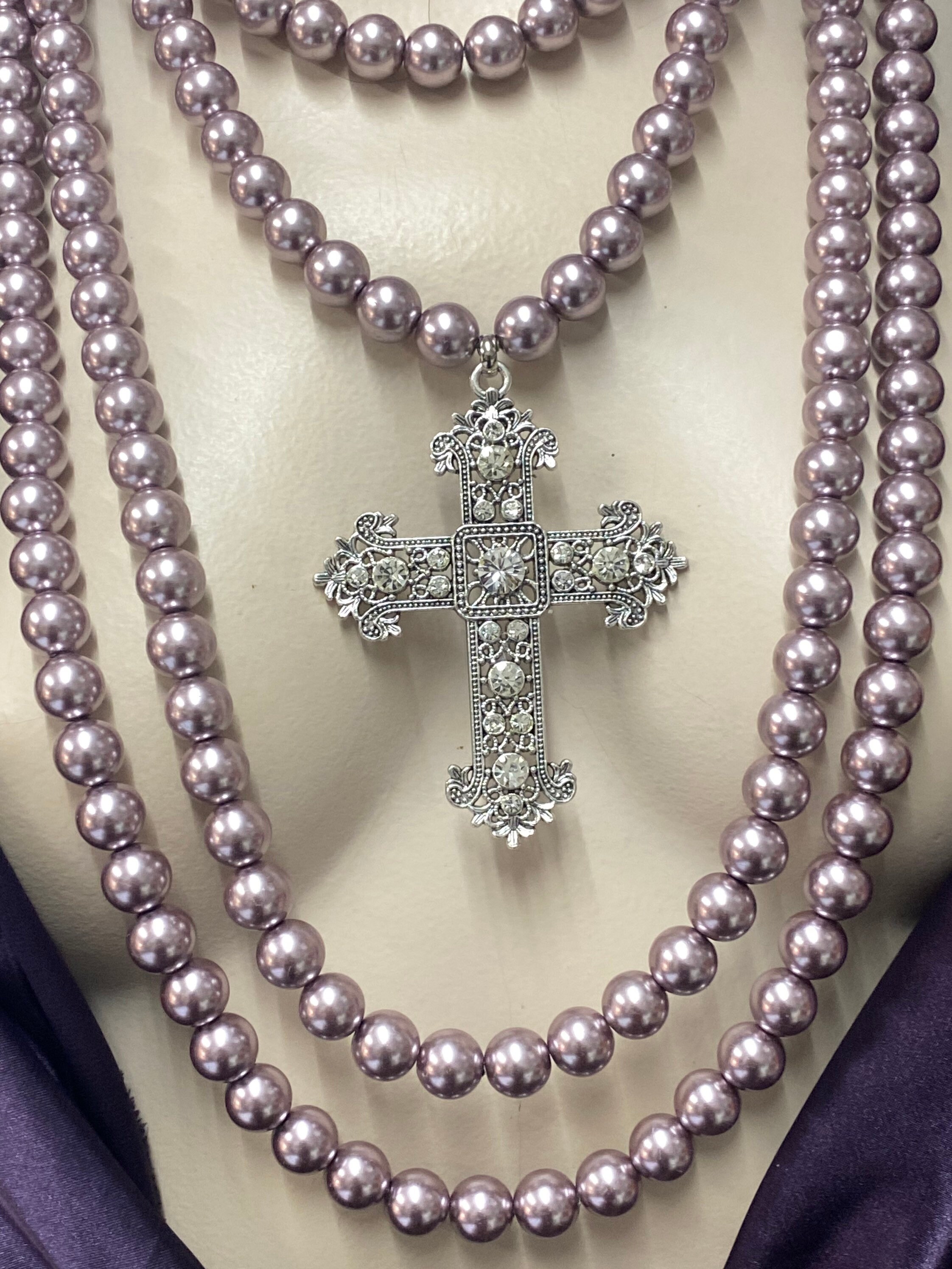 【BLACKPURPLE】Marilyn Crystal Layering Pearl Necklace Multi Layer Black Pearl Necklace With Cross, Goth Wedding