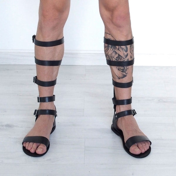 gladiator sandals for men, tall knee length, black leather, square buckle, Roman, Greek, Medieval costume Cosplay unusual unique statement