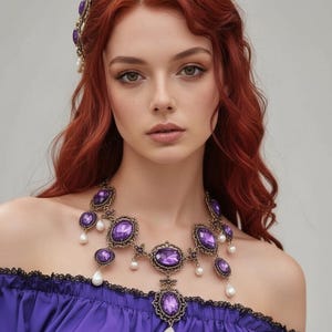 Purple Cabochon chandelier  Choker Necklace & Earrings, Rococo Parure