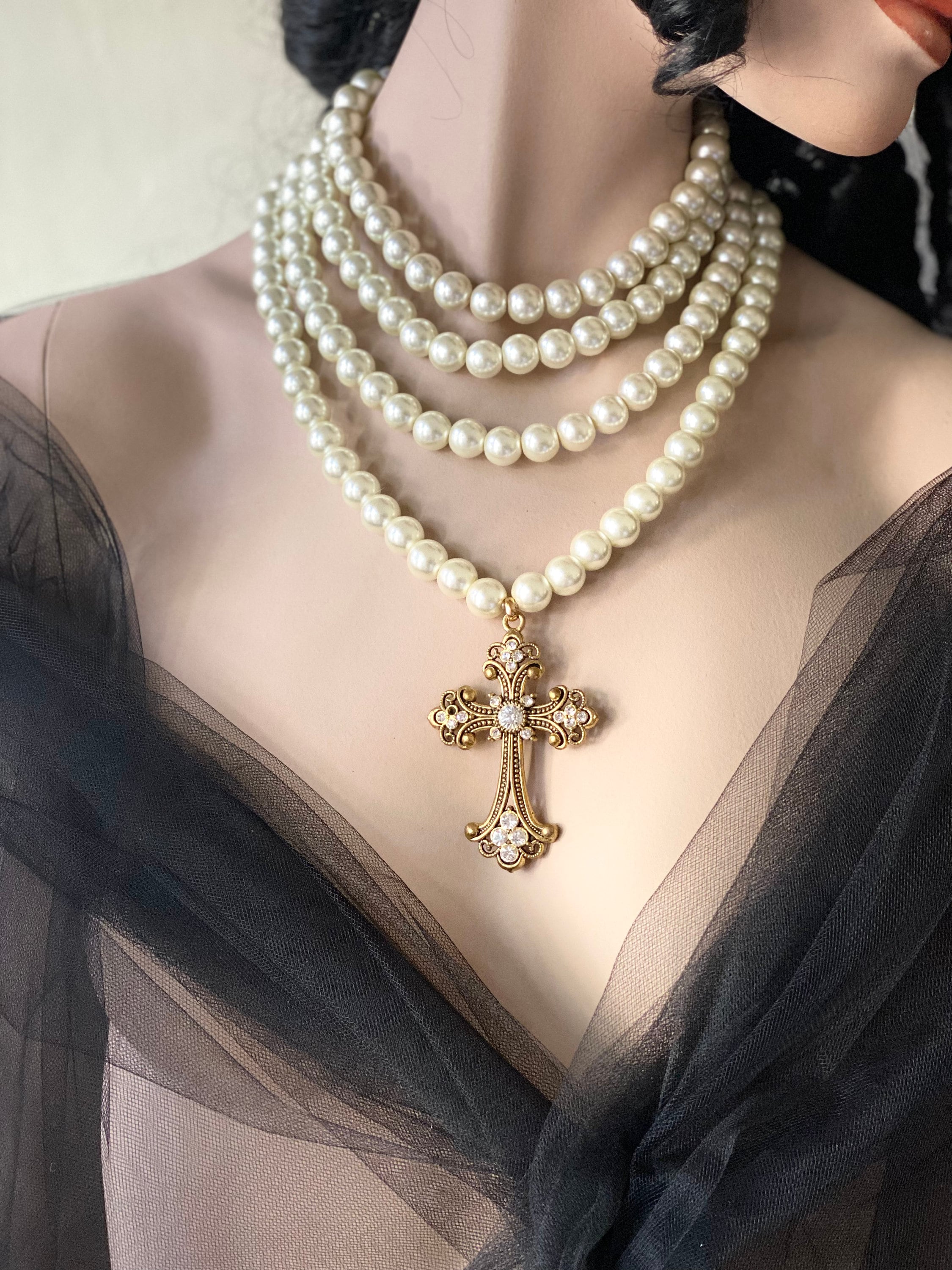 Buy Pearl Cross Necklace, Pearl Bib Cross Necklace Baroque Cross 