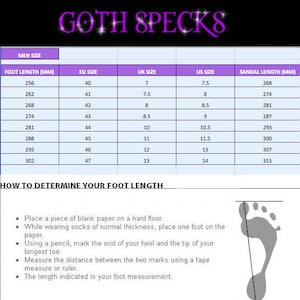 May include: A chart showing men's sandal sizing in US, UK, EU, and millimeters. The chart includes foot length, sandal length, and corresponding shoe sizes. The chart is titled "GOTH SPECKS".