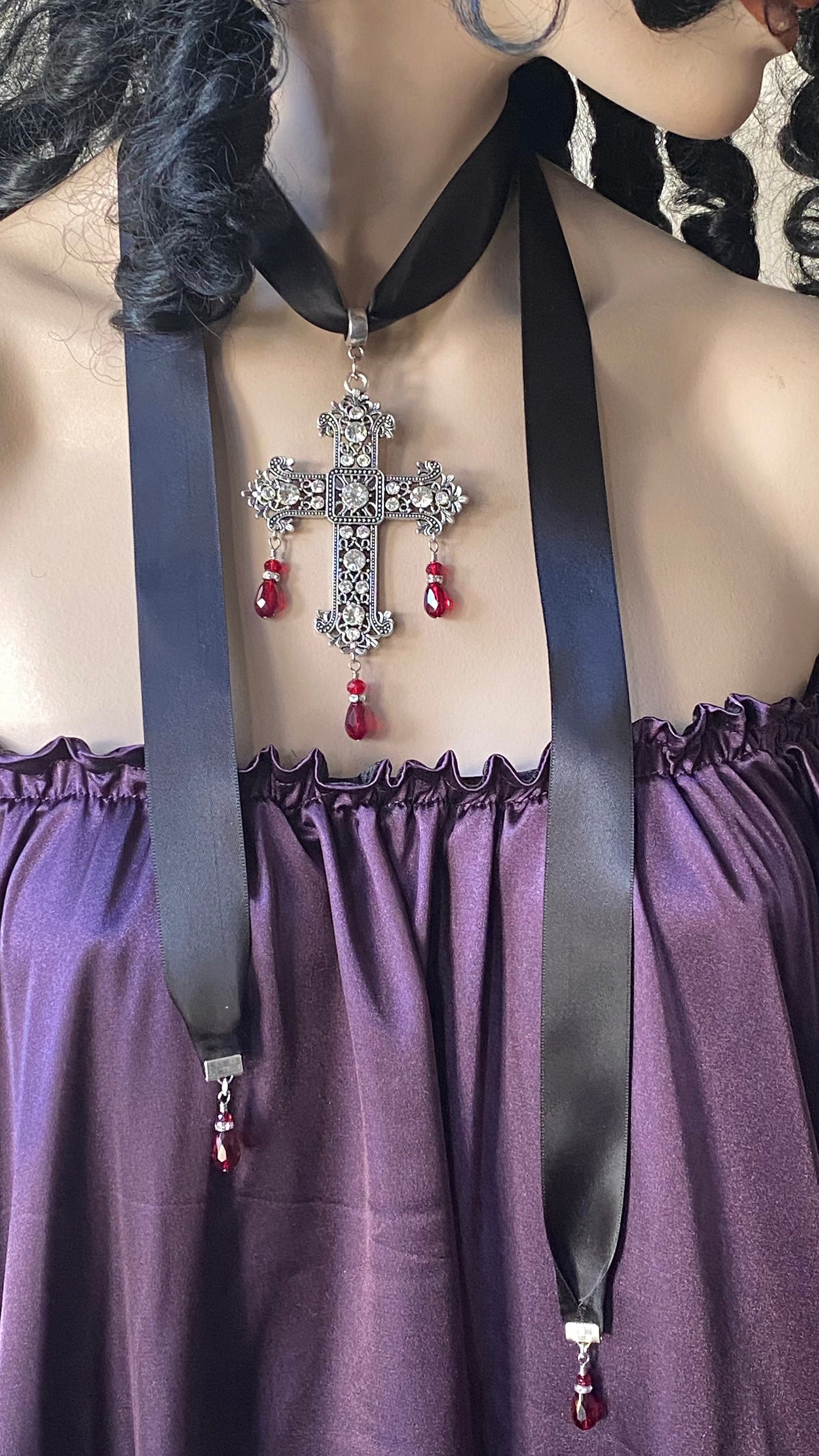 Gothic Renaissance Cross Necklace on Satin Ribbon, Large