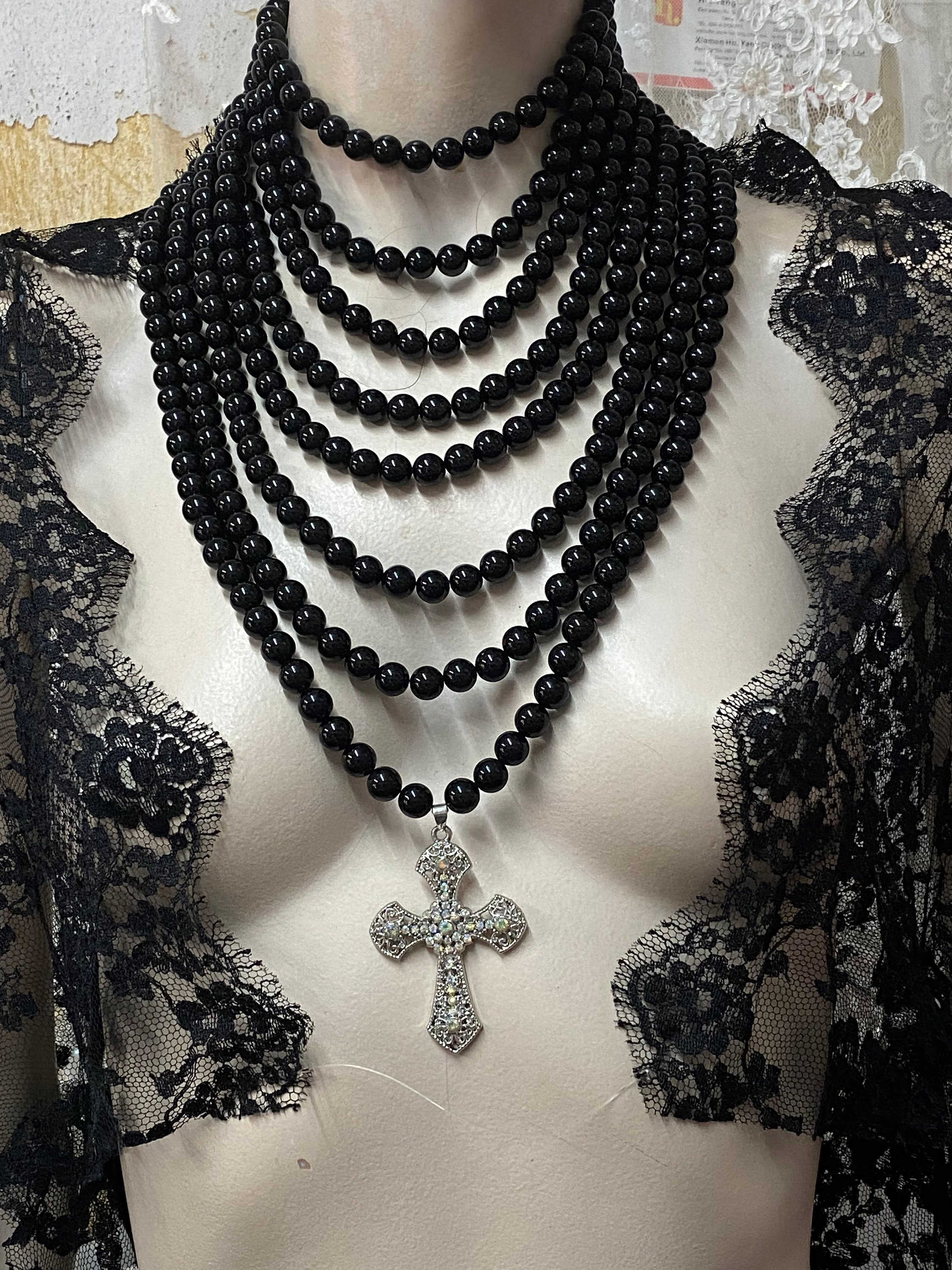 Multi Layer Black Pearl Necklace With Cross, Goth Wedding Multi Layer Black Pearl Necklace With Cross, Goth Wedding