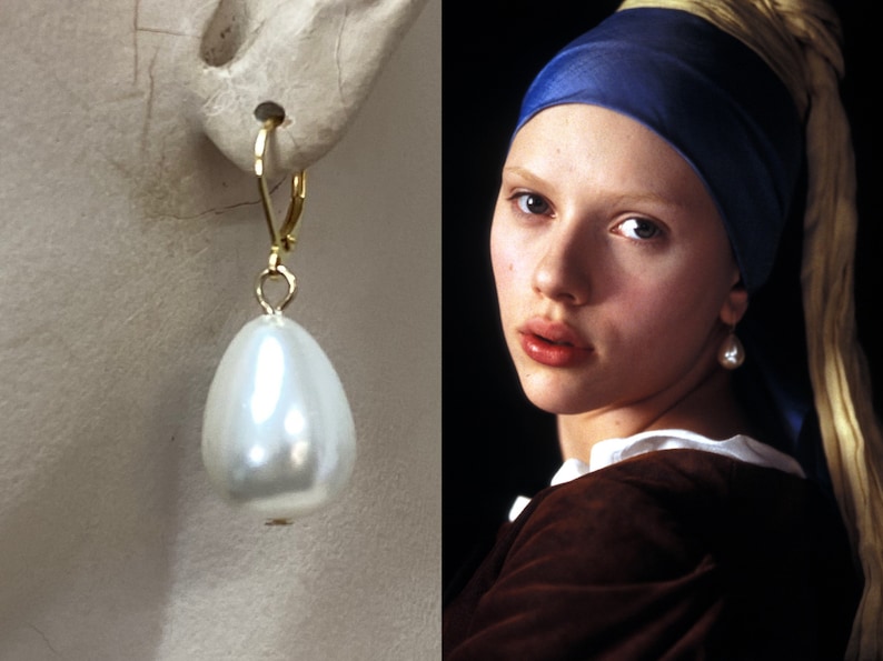 Réplique de boucles d'oreilles Fille avec une perle, grande boucle d'oreille en forme de larme, boucles d'oreilles en perles de la Renaissance, boucles d'oreilles en forme de larme élisabéthaine image 1