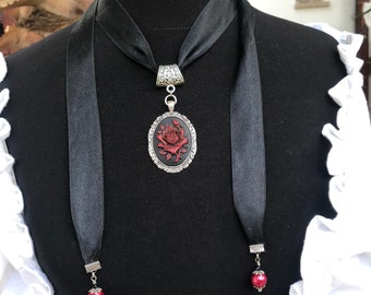 Cameo necklace, cameo choker, cameo choker necklace, red Gothic rose Goth wedding necklace red rose cameo black ribbon
