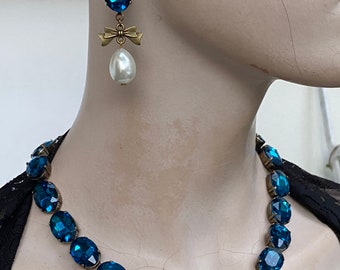 Blauwgroen blauwe collet ketting en oorbellen Demi Parure Georgische ketting Regency ketting oorbellen blauwgroene ovale kristallen ketting