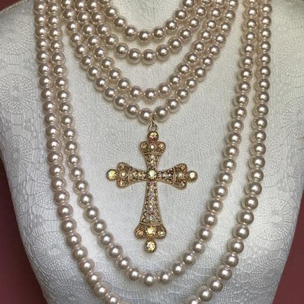 Collier de perles multirangs, collier croix baroque, collier de perles superposées, bijoux baroques, croix Renaissance, collier rococo