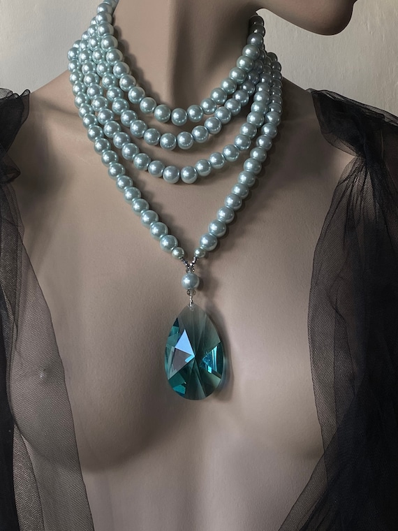 Multistrand Pearl Necklace, Blue Pearls With Blue Faceted