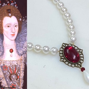 Tudor Pearl Necklace, Tudor Ruby Necklace, Elizabethan Necklace, Queen Elizabeth Necklace, Elizabethan Pearl Necklace, Ruby Pendant Necklace