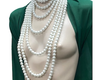 Multi Strand White Crystal Glass Pearl Necklace, 8 Layer Cascading Bead Choker, Edwardian Bridal Statement Jewelry, Pearl Collar