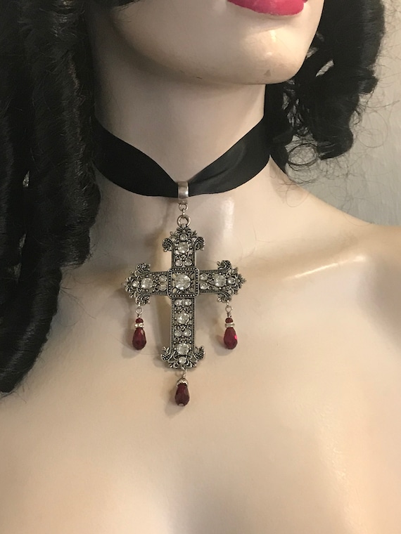Gothic Renaissance Cross Necklace on Satin Ribbon, Large