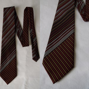 Mens tie, vintage brown, cream & red stripey patterned tie cravate, French 70s retro wide kipper neck tie cravate