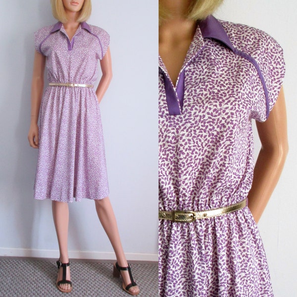 Summer shirt dress, lilac & white leaf pattern, french vintage retro, knee length, sleeveless, loose fit collared dress, small medium