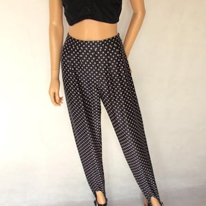 Vintage 1980&#39;s stirrup trousers, high waist, navy beige polka dot, stretchy, Medium