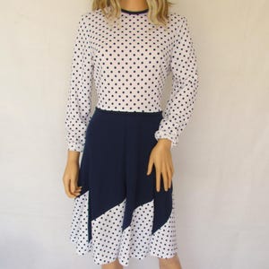 Vintage 1960&#39;s dress, navy blue white, polka dot, long sleeves, large 14 16 uk