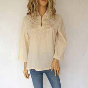 Vintage cream blouse shirt top, large pointy collar, embroidered, 12 14, large