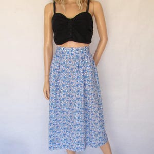 Blue floral vintage skirt, cotton, midi length, large waist 33 + inches