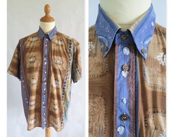 Mens shirt, Pierre Cardin, blue & brown patterned, short sleeves, french 90's vintage retro, traditional fit, x large