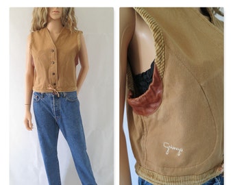 Brown vest waistcoat, french 80's vintage, leather and corduroy panels, women's tank sleeveless top, small