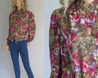 Floral blouse shirt top, brown pink purple, long sleeves, french 80's vintage, grandad collar, medium large