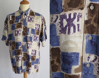 Camisa estampada llamativa para hombre, azul crema marrón, manga corta, estilo retro vintage francés de los años 90, corte tradicional, talla grande