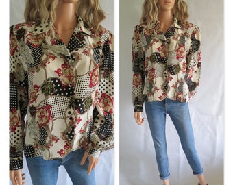 Patterned blouse shirt, cream red black, french 80's retro vintage, large