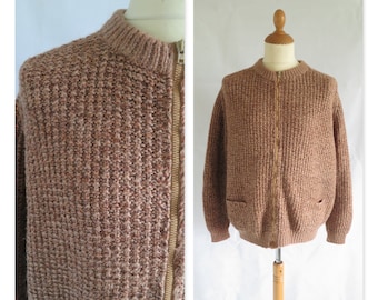 Mens cardigan sweater jumper pullover, handknit, brown heavy purewool, french vintage retro, zipper up, long sleeve, wool top